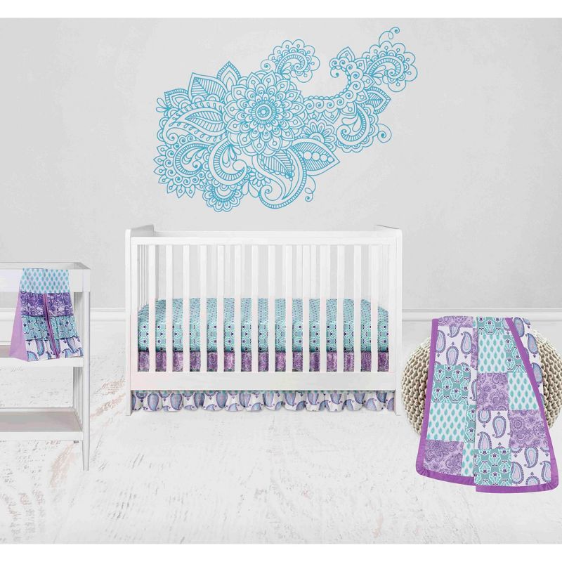 Bacati - Paisley Isabella Purple Lilac Aqua 4 pc Crib Bedding Set with Diaper Caddy, 1 of 9