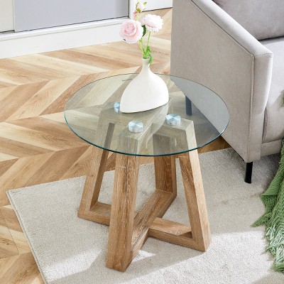 Round Coffee Tea Table,Modern End Table With Tempered Glass Tabletop And Wood Legs,Center Table For Living Room Bedroom-Cuddlewood