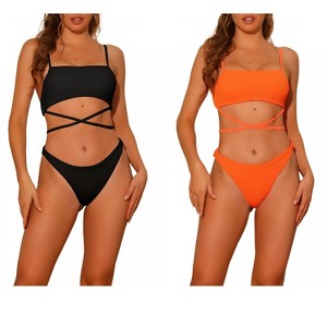 Elerevyo Women's Sporty Ribbed Bikini Lace-up Adjustable Spaghetti Straps Swimwear Bathing Suits 2 Pieces 2 Sets - 1 of 4