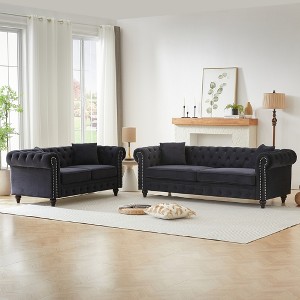 3-Seater + 2-Seater Velvet Modern Sofa with Tufted Buttons and Rolled Arms, Solid Wood Frame with Wooden Legs, Includes 4 Cushions for Living Room - 1 of 4