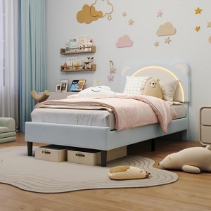 Children's Soft Bed, Adjustable Headboard, Solid Wood Strip Support, Noiseless, Easy to Assemble, with a Cute Bear-shaped Design and Drawers - 1 of 4