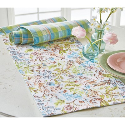 tagltd 14.5" x 72" Meadow Runner Reversible Hand Screen Printed Floral Design And Plaid Backing Table Home Decor