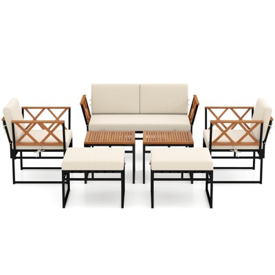 Costway 7 PCS Outdoor Conversation Set Acacia Wood Chairs & Coffee Tables Set with Ottomans