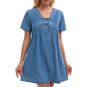 INSPIRE CHIC Women's Denim Short Sleeve V Neck Pockets Tie Front Casual A-Line Mini Jean Dresses - 1 of 4