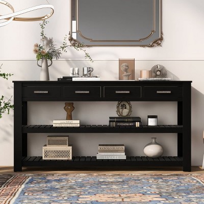 Console Table with 4 Drawers and 2 Shelves, Vintage Brown Entryway Table for Hallway, Living Room, Sofa Back or Foyer Storage-The Pop Home