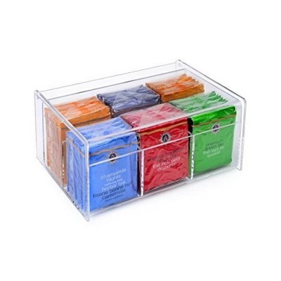 Tea Bag Storage Organizer Box in Clear Acrylic with 6 Compact Tea Bag Divided Sections and Lid - HomeItUsa