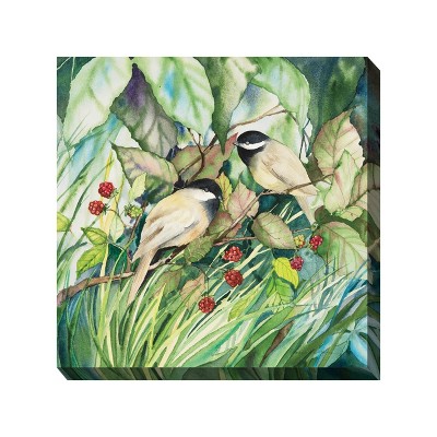 Cottage Garden West of The Wind Chickadees Green, Red 24 x 24 Inch Waterproof Gallery Wrapped Canvas, Outdoor Garden, Yard, Patio All Weather Hanging