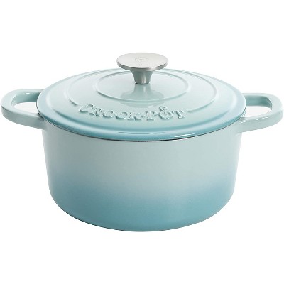 Crock-Pot 7 Quart Capacity Round Enamel Cast Iron Covered Dutch Oven Kitchen Cookware with Matching Self Basting Lid, Aqua Blue Ombre