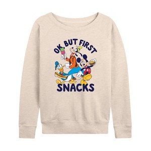 Women's - Disney - Ok, But First Snacks Lightweight French Terry Wide Neck Long Sleeve Shirt - 1 of 4