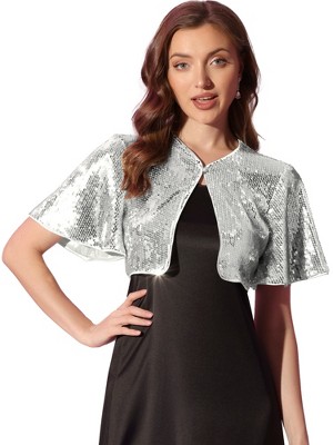 INSPIRE CHIC Women's Sequin Jacket Flared Sleeve Sparkly Bolero Crop Glitter Shrug