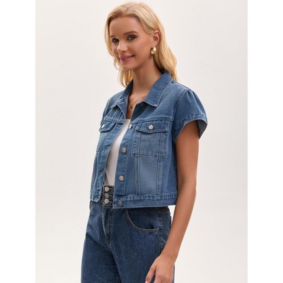 Женские куртки INSPIRE CHIC Women's Denim Cap Sleeve Button Down Turndown Collar Classic Cropped Jean Jackets Medium Blue — фото 2