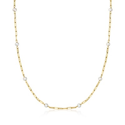 Pure Collection by Ross-Simons 3-4mm Cultured Pearl and 14kt Yellow Gold Paper Clip Link Station Necklace Size 18