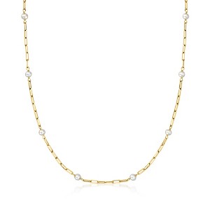 Pure Collection by Ross-Simons 3-4mm Cultured Pearl and 14kt Yellow Gold Paper Clip Link Station Necklace - 1 of 3