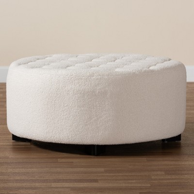 Athena Ivory Boucle and Black Wood Tufted Round Ottoman