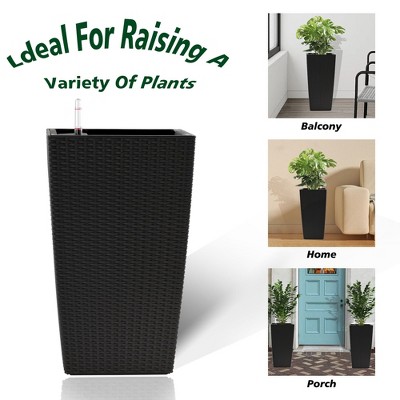 Okak 2 Pack Modern Faux Rattan Square Planter Plastic Large Pot with Auto-Watering System for Home, Garden