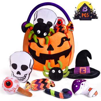 Fun Little Toys Halloween Plush Pumpkin Bascket with Stuffed Animal Toys, 8 pcs