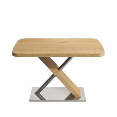 Vynxaria 47.25"-63" Retractable Dining Table, Original Wood Color, Seats 4-6, Cross Metal Base & Stainless Steel Tubing (Natural)