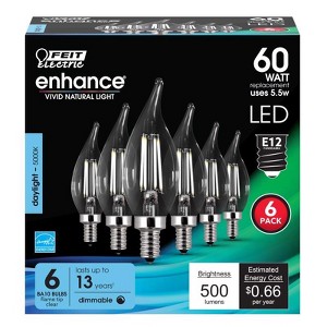 Feit - Enhance - Filament LED Bulb - CA10 (Flame Tip) - E12 (Candelabra) - 60 Watt Equivalence - Daylight - 6 Pack - 1 of 1