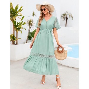 Coolmee Women's Short Sleeve Maxi Dress V Neck High Waist Lace Dress Casual Flowy A Line Beach Dress - 1 of 4