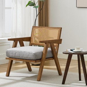 Comfortable Mid Century Modern Accent Chair, Rattan Backrest & Thick Linen Cushion, Wood Frame, Upholstered Living Room Chairs - 1 of 4