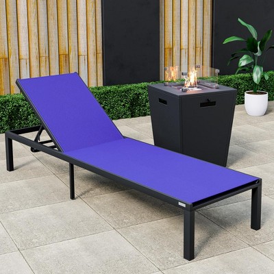 LeisureMod Marlin Modern Outdoor Patio Chaise Lounge Chair in Black Aluminum Frame with Square Fire Pit Side Table