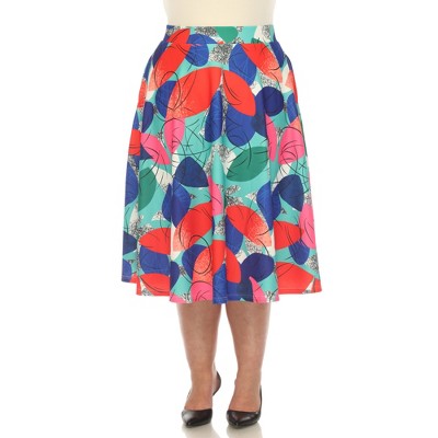 Plus Size Leaf Print Flared Midi Skirt