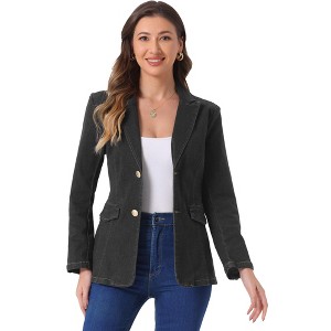Allegra K Women's Notched Lapel Denim Single Breasted Shoulder Pad Business Casual Blazer - 1 of 4