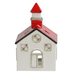 Northlight 6" White and Red Ceramic Church Flameless Christmas Candle Holder - 1 of 3