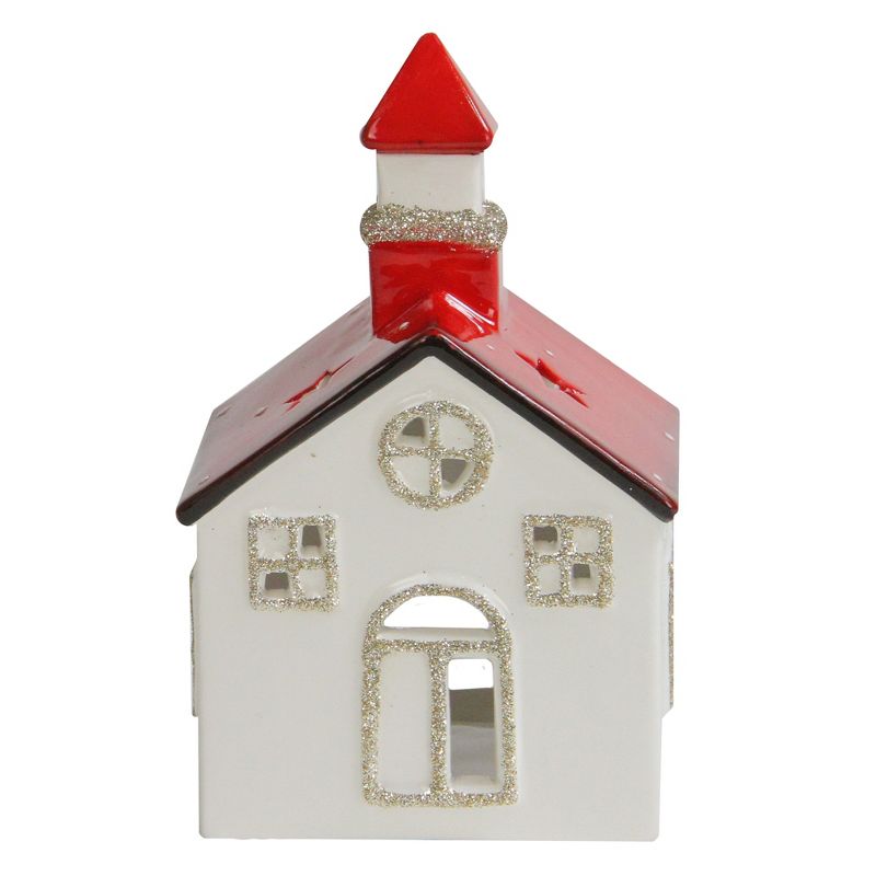 Northlight 6" White and Red Ceramic Church Flameless Christmas Candle Holder, 1 of 4