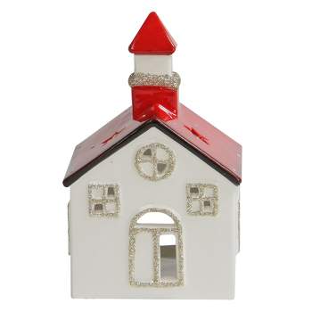Northlight 6" White and Red Ceramic Church Flameless Christmas Candle Holder