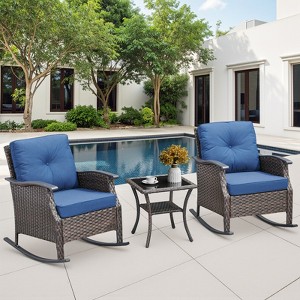 Buenhomino Patio Furniture Set 3 Pieces, Wicker Rocking Bistro Set with Thick Cushions, Outdoor Rocker Chairs and Coffee Table for Porch, Backyard - 1 of 4