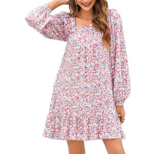 Women Babydoll Long Puff Sleeve Square Neck Floral Print Tiered Ruffle Hem Flowy Mini Dress with Pockets - 1 of 4