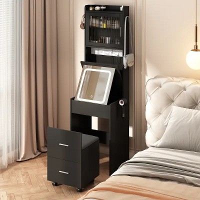 Small Vanity Desk with Mirror and LED Lights, Makeup Table with Charging Station and Storage Shelves, Black