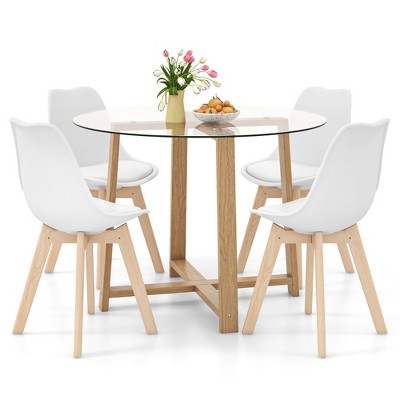 Tangkula 5 PCS Dining Table Set for 4 w/ Solid Wood Legs Tempered Glass Tabletop Modern White