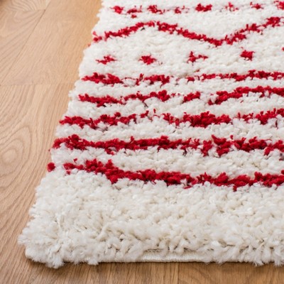 Ivory and Red Geometric Shag Area Rug 9' x 12'