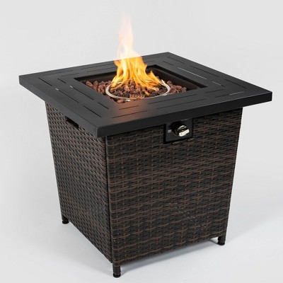 Rattan Propane Gas Fire Table, Square Wicker Gas Fire Table with Gas Regulator, Adjustable Flame Outdoor Woven Rattan Fire Pit for Backyard, Garden