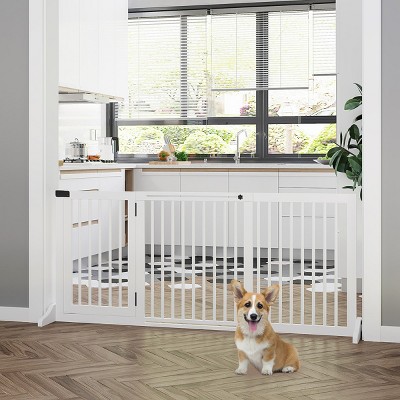 LAOTIES Adjustable Freestanding Wooden Pet Gate with Lockable Door,3 Panel Dog Fence for Doorways And Hallways