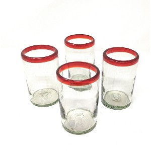 Dos Sueños Mexican Hand Blown Drinking Glasses - Red Rim - 14oz - Set of 4 - 1 of 4