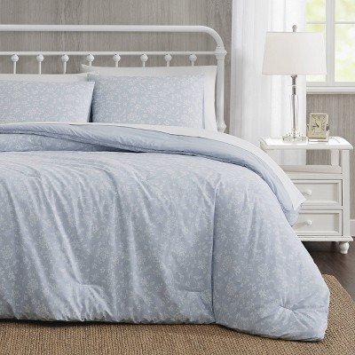 King Blue Cotton Reversible Bedspread Set with Polyfill
