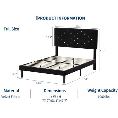 Bed Frames, Velvet Upholstered Bed Frame with Vertical Channel Tufted & Sturdy Wood Slats, Strong Wooden Slats/Platform Bed Frame Easy Assembly