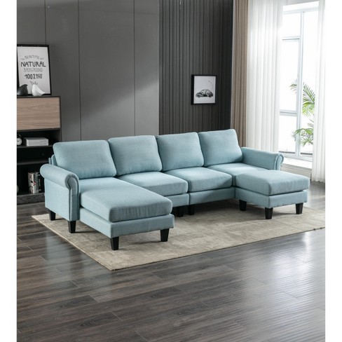 Blue sectional sofa store with ottoman