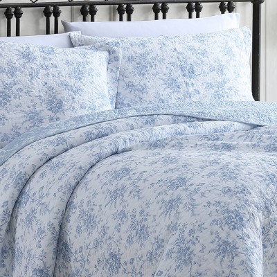 Blue and White Cotton Reversible Floral Quilt Set