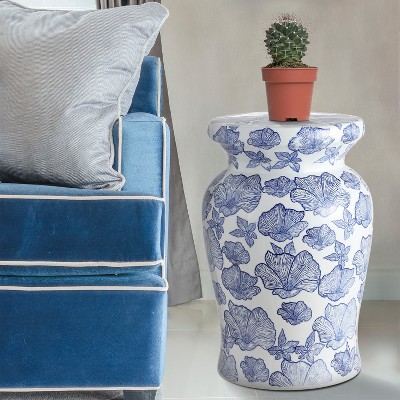White and Blue Ceramic Floral Garden Stool