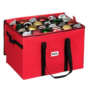Hold N' Storage - Christmas Storage Container Box Stores Up to 54 - 3" Ornament with Adjustable Dividers to Protect and Store Holiday Décor - Red - 1 of 4
