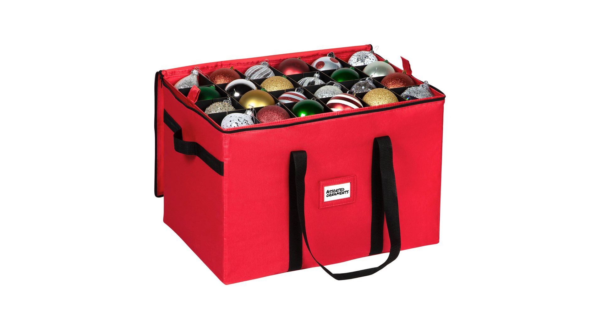 Hold N' Storage - Christmas Storage Container Box Stores Up to 96 - 4" Ornament with Adjustable Dividers to Protect and Store Holiday Décor - Red