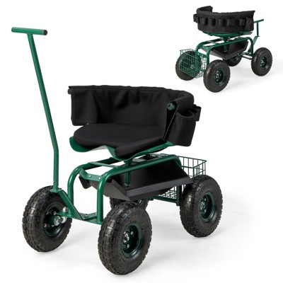 Tangkula Rolling Garden Cart Work Seat Height Adjustable Swivel Stool Cart with Removable Cushion & 2 Steering Handles
