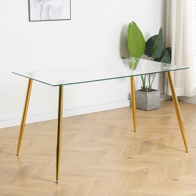 Okak Dining Table for Small Space, Contemporary Rectangle Tempered Glass Dining Table with Metal Legs for 4 People