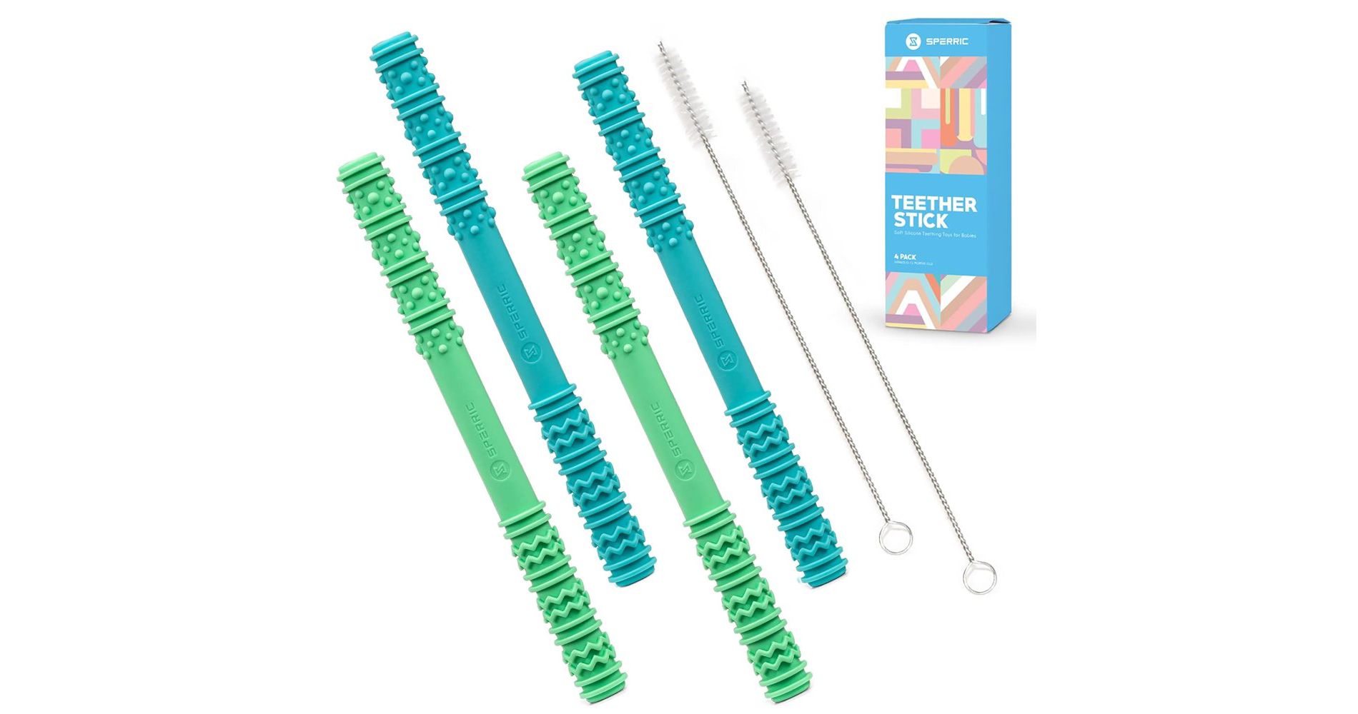 Sperric Baby Hollow Teething Tubes - Soft Silicone Teether Sticks for Infant | BPA Free Teething Straws with Cleaning Brushes (Blue)