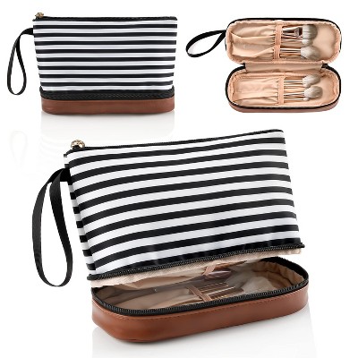 Paaaawaters Stripe Makeup Brush Organizer Bag Travel Make up Bags for Women Double Layer Makeup Pouch for Girls/Women