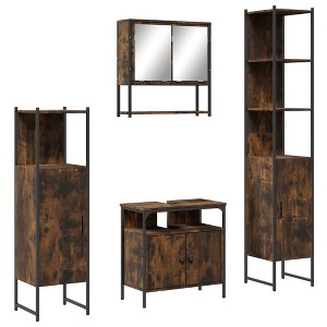 vidaXL 4-Piece Bathroom Furniture Set Smoked Oak Engineered Wood with Wall-Mounted Mirror Cabinet, Ample Storage, and Modern Design - 1 of 4